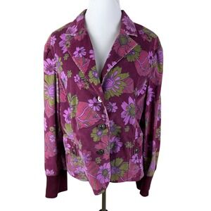 Vintage A Line Women's 18 Purple Floral Corduroy Blazer Jacket Stretch Rib Cuff